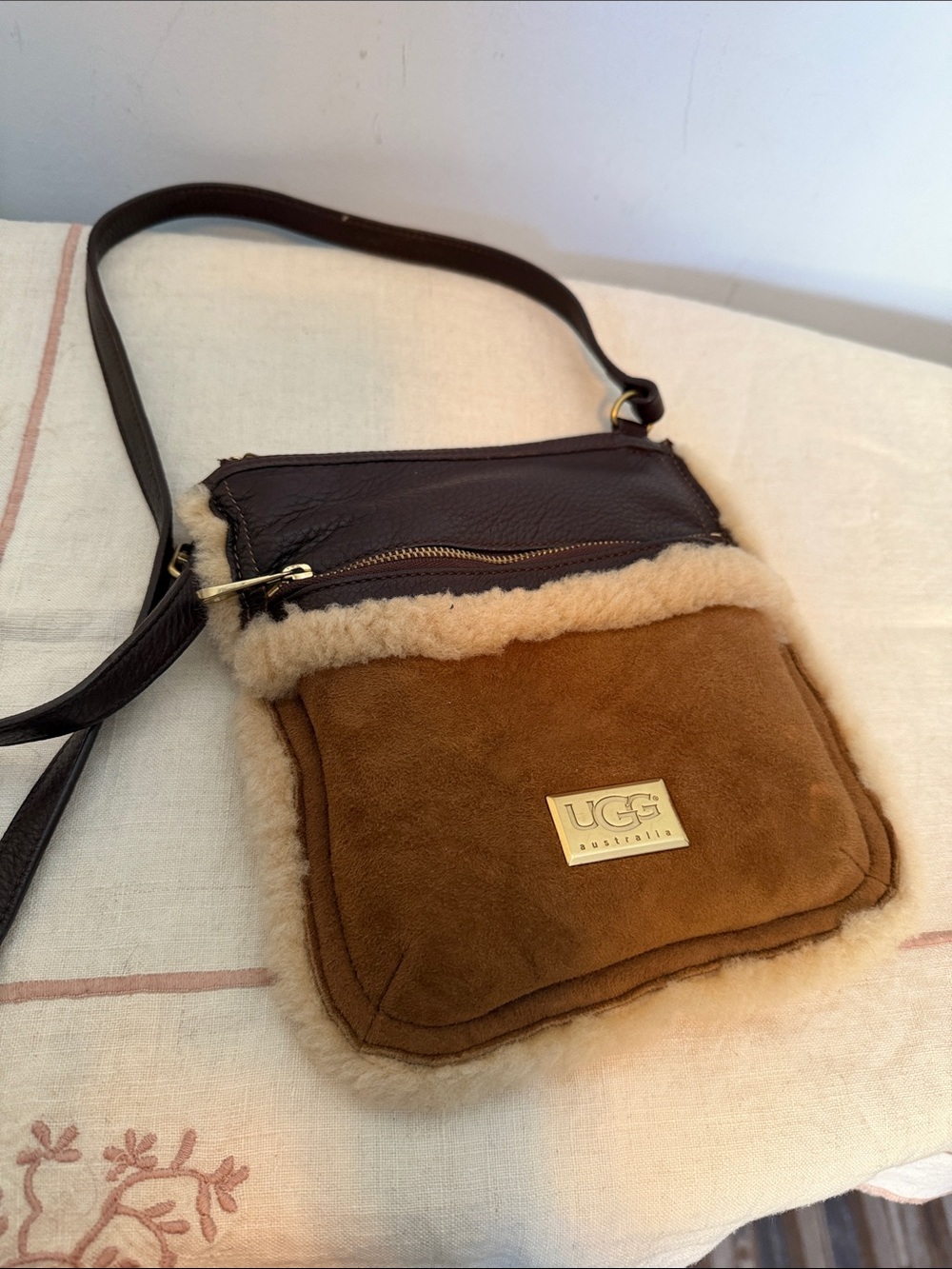 UGG Brown Suede & Dark Brown Leather Shearling Messenger Bag